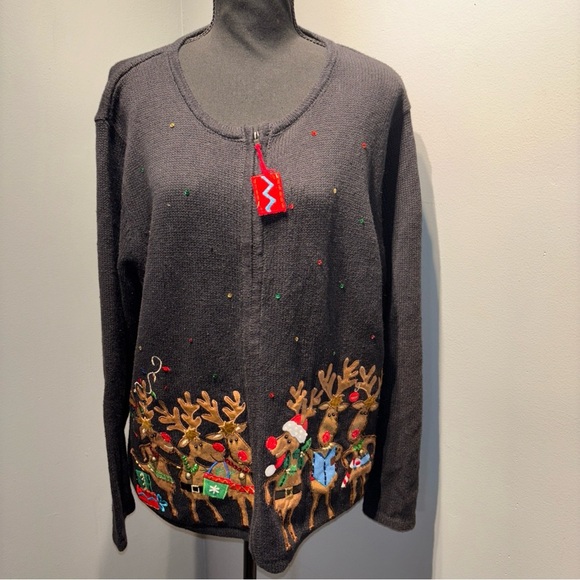 VTG TIARA INTERNATIONAL BlackCardigan  Reindeer Embroidery Full Zip Women’s SzXL - Picture 1 of 14